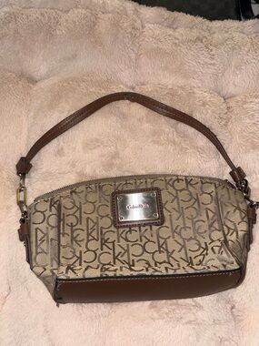 Calvin Klein Beige Logo-Print Shoulder Bag with Brown Trim